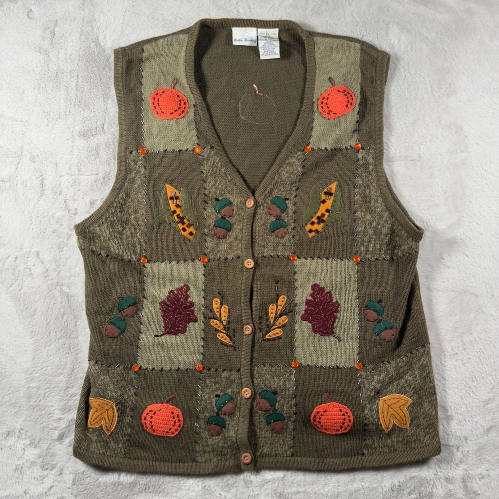 Bobbie Brooks Vintage Fall Patchwork Sweater Vest XL‎ Green Pumpkin Acorn BB257